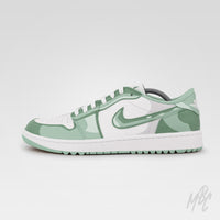Custom Jordan 1 Low Golf sneaker with 2D Illustration design, desert camouflage colour palette and outlined Nike Swoosh artwork