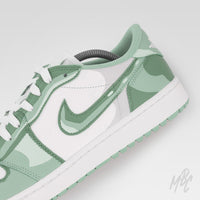 Close-up of 2D Illustration Jordan 1 Low Golf sneaker showcasing hand-painted 2D effect camouflage Swoosh and panel artwork