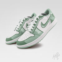 Hand-painted 2D Illustration Jordan 1 Low Golf trainers featuring cartoon-inspired camouflage detailing and premium golf-ready construction