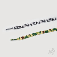 Grey camouflage and green camouflage flat sneaker laces for custom trainers, streetwear sneakers and footwear personalisation