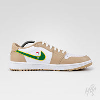 Clean on the Green 2.0 Jordan 1 Low Golf Custom opposite side view with beige panels and golf flag swoosh