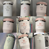 Collage of Stanley brand tumblers with personalized names and emoji illustrations