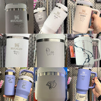 Collage of custom engraved Stanley mugs in various colors and designs.