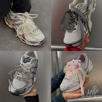 Customised ASICS trainers styled with pearl bows, gingham ribbon laces, fluffy laces and decorative lace charms from the MattB Customs Lace Charm Pack