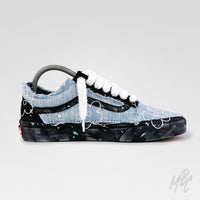 Opposite side view of Denim Bloom custom Vans Old Skool trainers with frayed denim panels, floral artwork, pearl details and fluffy white laces.