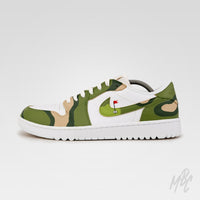 Custom Jordan golf shoes Fairway Camo Air Jordan 1 Low Golf with green camouflage design and golf flag swoosh detail