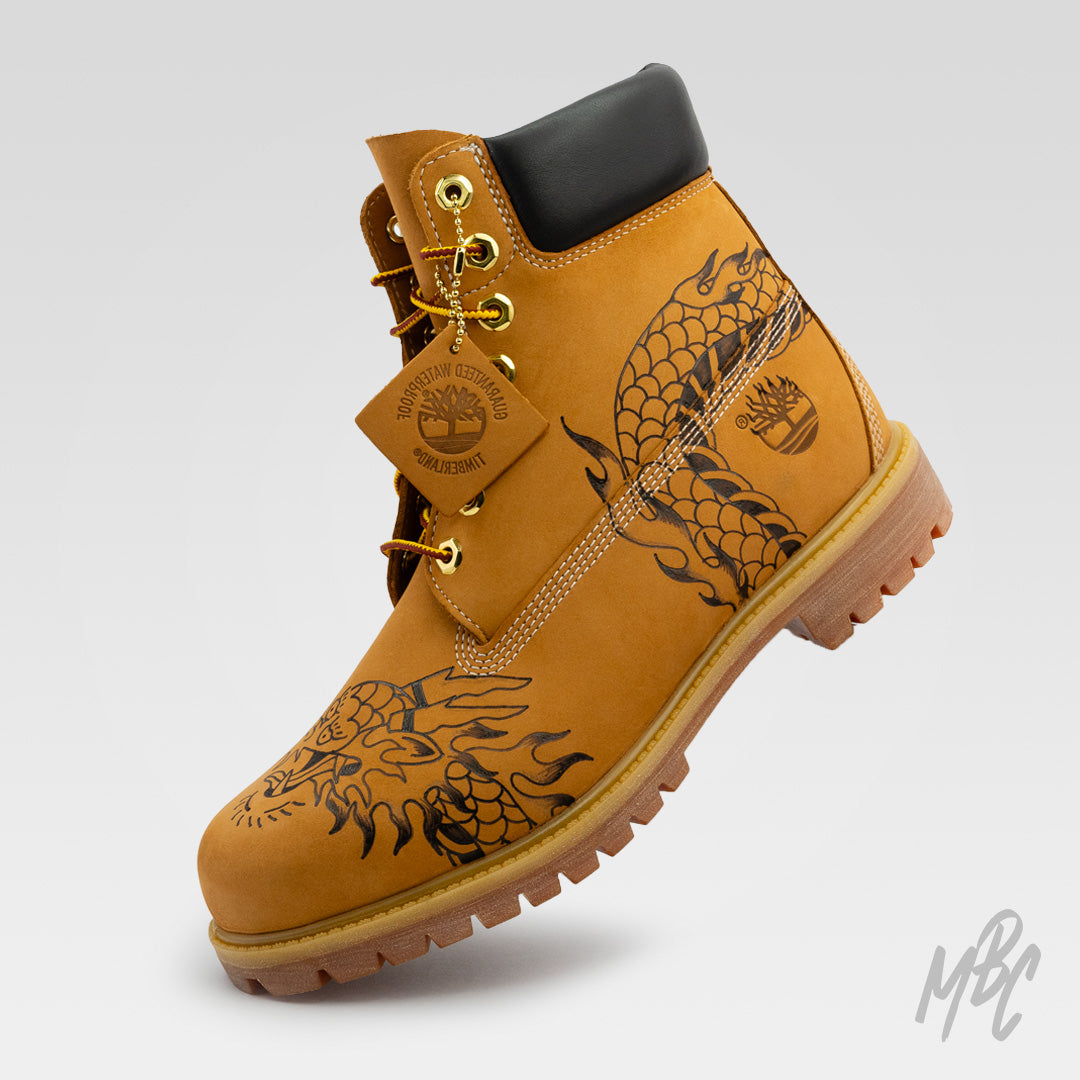 Flaming Dragon Hand Painted Tan Timberland Custom Boots