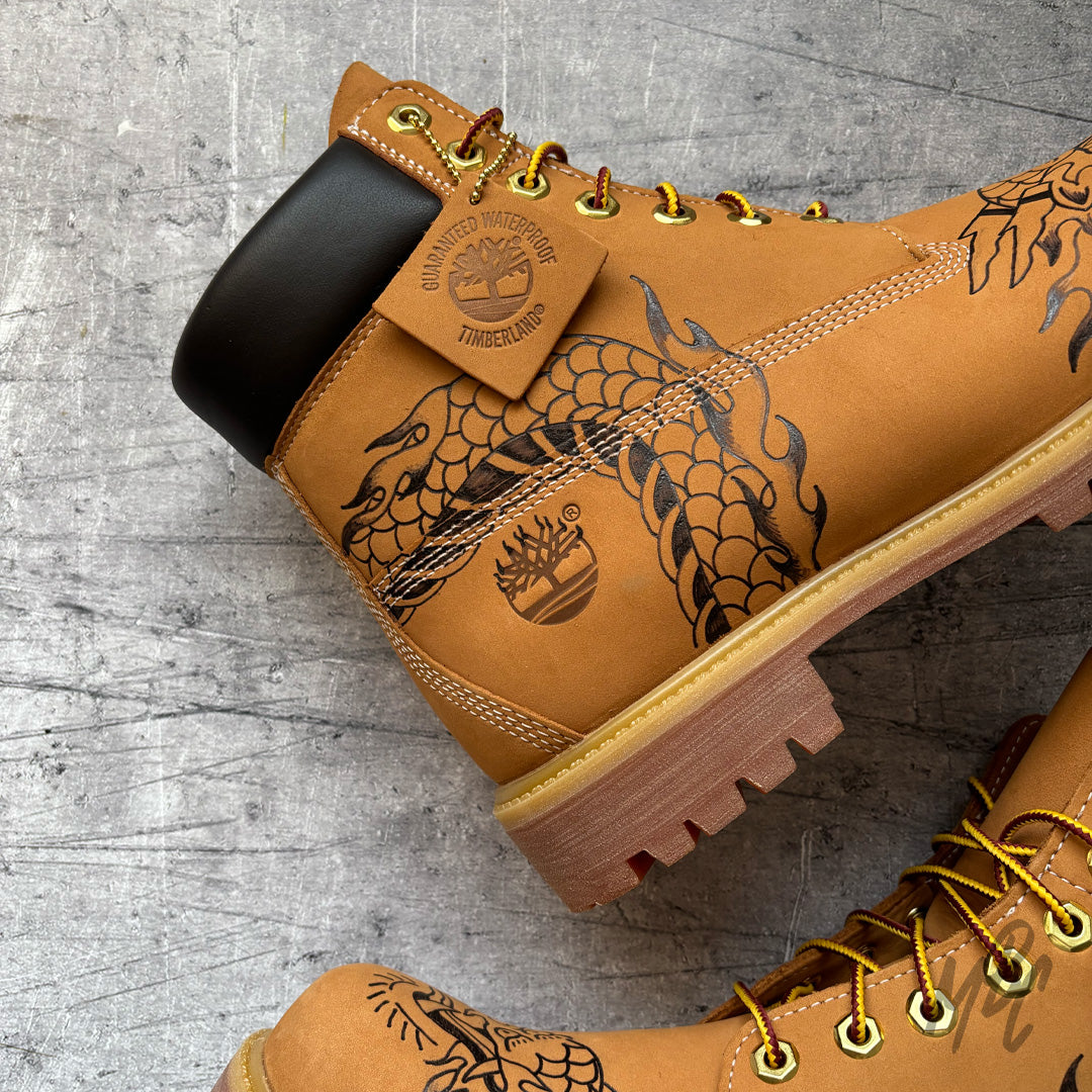 Custom Timberland  Boots - Flaming Dragon Pyrography Tan