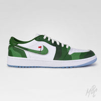 A low-top Nike sneaker in green and white, featuring a green camouflage pattern on the toe and heel, a white leather side panel with a green Swoosh, white laces, and a light blue outsole.