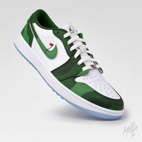 A low-top Nike Air Jordan sneaker in green and white, featuring a green Swoosh with a mini golf flag detail, white laces, and a light blue translucent outsole, shown on a light gray background.