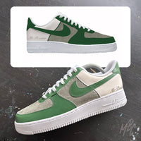 Custom green and cream Nike Air Force 1 wedding sneaker with suede panels, personalised surname and matching mock-up design