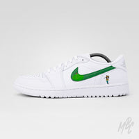 Happy Golfing 2.0 custom Nike Air Jordan 1 Low Golf sneaker with green swoosh, golf green graphic and golfer character detail
