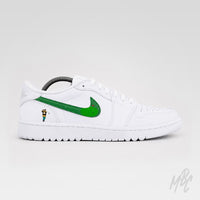 Custom golf shoes Nike Air Jordan 1 Low Golf Happy Golfing 2.0 with hand painted golfer illustration and putting green swoosh