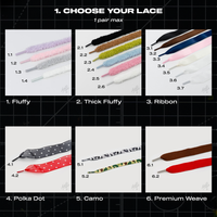 Lace Charm Pack lace options including fluffy, ribbon, polka dot, camo and premium weave trainer laces