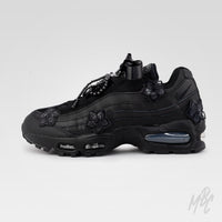 Side profile of Midnight Veil custom Nike Air Max 95 with monochrome black design, satin ribbon laces and removable lace charms.