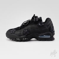 Side profile of Midnight Veil custom Nike Air Max 95 with monochrome black design, satin ribbon laces and removable lace charms.