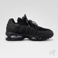 Inner side view of Midnight Veil custom Nike Air Max 95 featuring black floral appliqué, satin ribbon laces and black beaded bow lace charms.