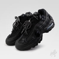 Midnight Veil custom Nike Air Max 95 with black floral lace appliqué, satin ribbon laces and black beaded bow lace charms.