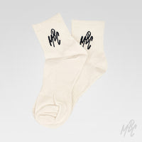 Beige MBC crew socks featuring embroidered MattB Customs logo, premium cotton blend streetwear socks