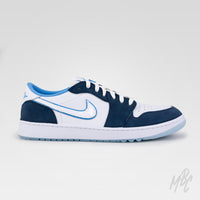 Lateral view of Navy Suede Jordan 1 Low Golf custom golf shoe with premium suede finish, white Swoosh and icy blue outsole