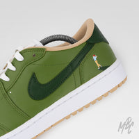 Custom Jordan 1 Low Off The Tee green golf sneaker with hand-painted golfer heel detail