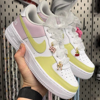 Custom Nike Air Force 1 trainers with pastel hand-painted panels, organza ribbon laces and decorative lace charms from the MattB Customs Lace Charm Pack
