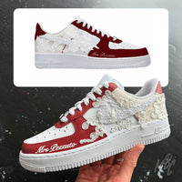 Custom red and white Nike Air Force 1 wedding sneaker with pearl swoosh, lace floral detailing and matching wedding mock-up concept