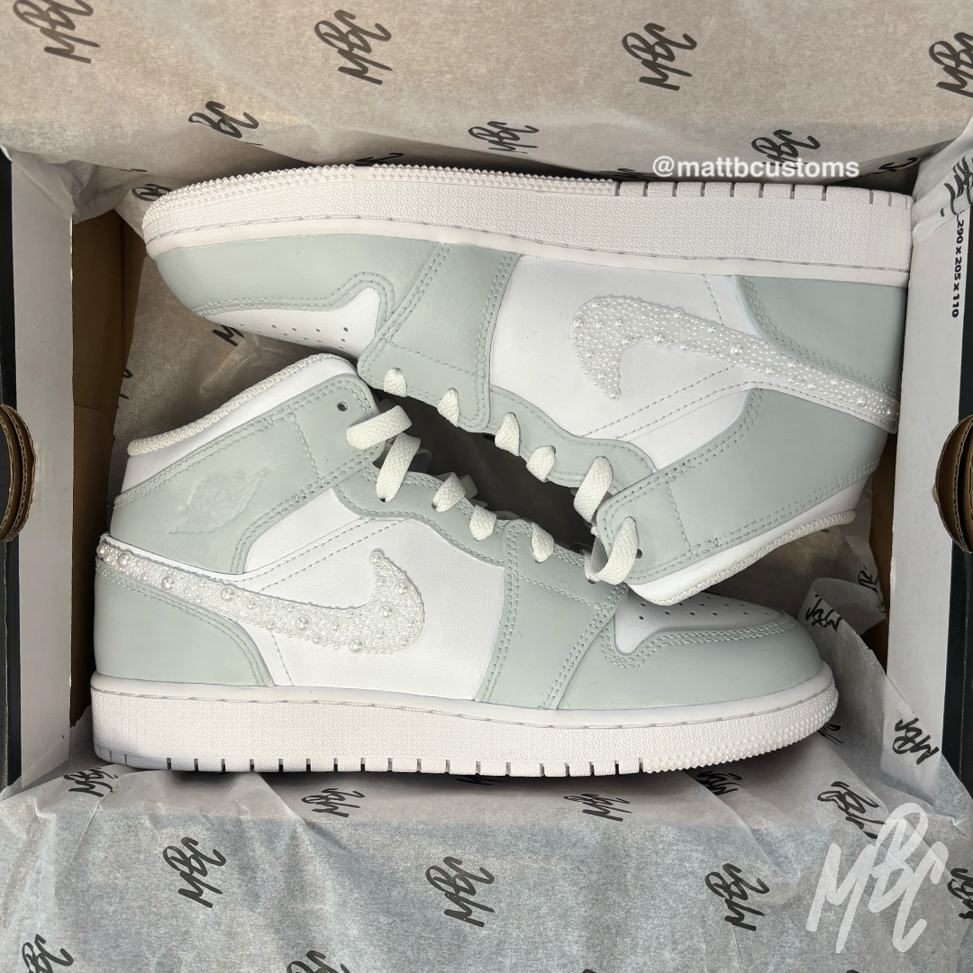 Pearl Swoosh Jordan 1 Mid Custom Trainers