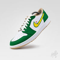 Putting Greens 2.0 Jordan 1 Low Golf Custom sneaker with green overlays and yellow golf flag swoosh