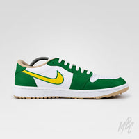 Putting Greens 2.0 Jordan 1 Low Golf Custom opposite side profile with yellow swoosh and green overlays