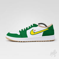 Putting Greens 2.0 Jordan 1 Low Golf Custom side view with green leather panels and golf pin swoosh detail