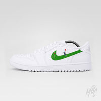 Putting Swoosh 2.0 custom Nike Air Jordan 1 Low Golf sneaker with green swoosh and miniature golfer putting design