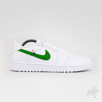 Custom golf shoes Nike Air Jordan 1 Low Golf Putting Swoosh 2.0 with illustrated golfer and putting green swoosh