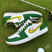 Nike Air Jordan 1 Low Golf Putting Greens 2.0 custom golf shoes on putting green with club and ball, green and white colourway