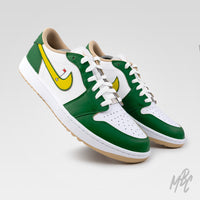 Custom Nike Air Jordan 1 Low Golf Putting Greens 2.0 sneakers pair in green, white and yellow colourway