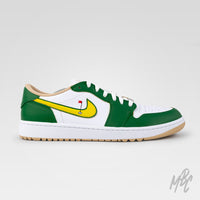 Custom Nike Air Jordan 1 Low Golf Putting Greens 2.0 sneakers in green and white with yellow swoosh and flag detail