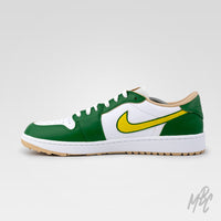 Nike Air Jordan 1 Low Golf Putting Greens 2.0 custom sneakers with green overlays and yellow swoosh