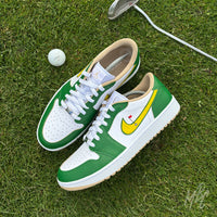 Nike Air Jordan 1 Low Golf Putting Greens 2.0 custom golf shoes on putting green with club and ball