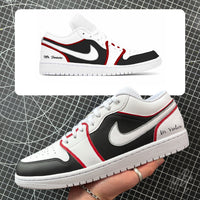 Custom Nike Jordan 1 Low wedding sneaker with black and red colourway, personalised surname detailing and matching mock-up design