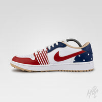 Custom Stateside Drive Jordan 1 Low Golf shoe in patriotic red, white and blue colourway with striped midfoot detailing