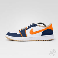 Custom Jordan golf shoes Sunset Swing Air Jordan 1 Low Golf with navy and orange colourway and premium leather finish