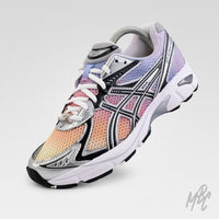 Custom Asics GT-2160 Sunset Dip Dye sneaker with pastel sunset gradient and metallic silver detailing