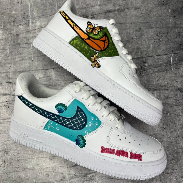 Custom white nike air force 1 trainers with mermaid themed design and orange butterflies 