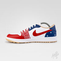 Side view of the custom Stateside Drive Jordan 1 Low Golf featuring red Swoosh, blue heel with white stars and distressed American flag detailing