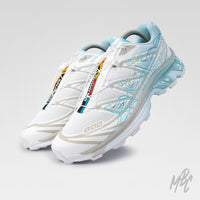 White Salomon XT-6 Waveform custom with blue dip dyed heel and wave artwork
