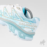 Waveform Salomon XT-6 custom showing blue dip dyed heel and wave illustration detail