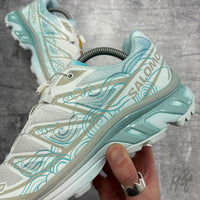 Close up Waveform Salomon XT-6 with blue dip dyed heel and hand painted waves