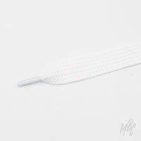 Close-up of a wide white shoelace with a thick woven texture and clear plastic aglet on a white background.