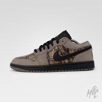 Woodland Camo Jordan 1 Low lateral view featuring camo side panels and black leather swoosh