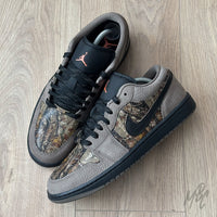 Woodland Camo Jordan 1 Low pair top down view with woodland camo panels and black midsoles